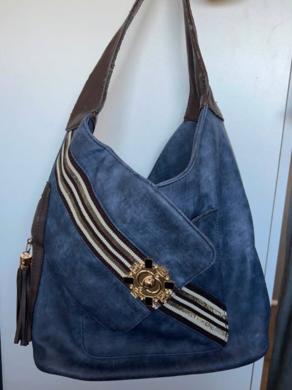 Blue Faux Leather Hobo Shoulder Bag with Gold Zipper Detail & Tassel